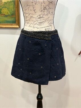 Zara Beaded Mini Skirt Navy Embroidered A Line Textured Small